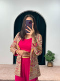 sequence embroidery work koti with palazzo full stitched suit -Designer Suit Red women's fashion mart