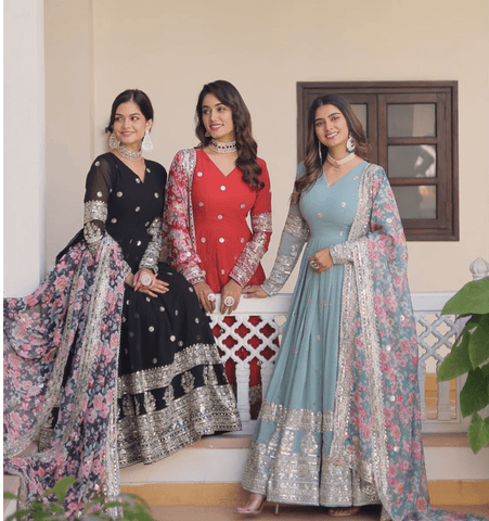 Beautiful Faux Georgette Zari Sequins Embroidered Gown - women's fashion mart