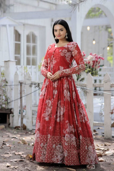Floral Zari Sequins Worked Gown With Dupatta -Gowns Red / S women's fashion mart