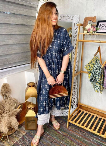 Navy Blue Color Silk Base Kurti Set -Kurti Semi Stitched women's fashion mart