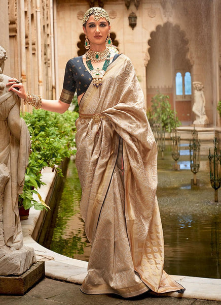 Beige Banarasi Silk Jacquard Weaving Classic Saree - women's fashion mart