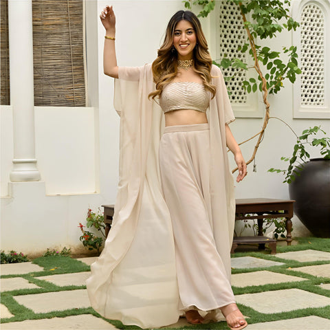 Beige Georgette Jacket and palazzo style co-ords - women's fashion mart