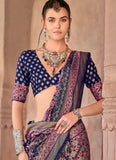 Heartwarming Navy Blue Ajrakh Printed Sigma Silk Traditional Saree - women's fashion mart