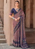 Heartwarming Navy Blue Ajrakh Printed Sigma Silk Traditional Saree - women's fashion mart