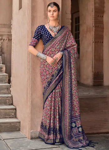 Heartwarming Navy Blue Ajrakh Printed Sigma Silk Traditional Saree - women's fashion mart