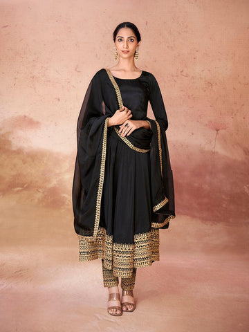 Black color anarkali suit with pant and dupatta - women's fashion mart
