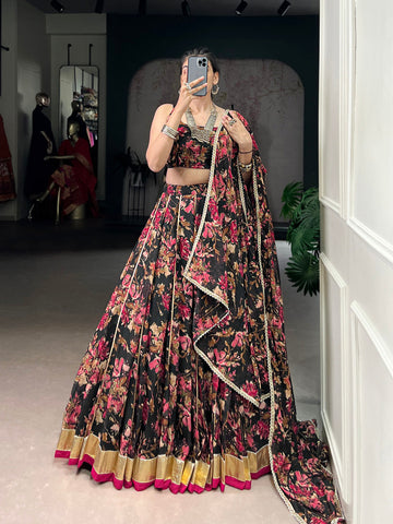 Black Color Floral And Foil Print With Embossed Design Ghaghra choli