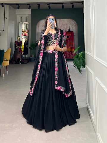 Black Color Sequins With Thread Embroidery Work Georgette Lehenga Choli - women's fashion mart