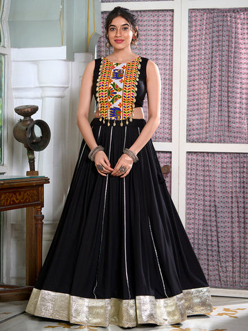 Black Color Plain And Gamthi Work Rayon Co-ord Set Chaniya Choli
