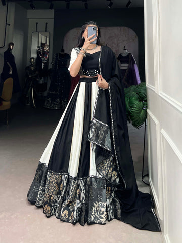 Black Color Plain And Printed With Paper Mirror Work Rayon Lehenga Choli