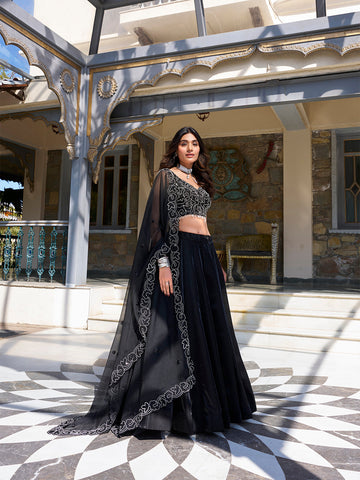Black Color Pearl Coding And Sequins Embroidery Work With Satin Lehenga Choli