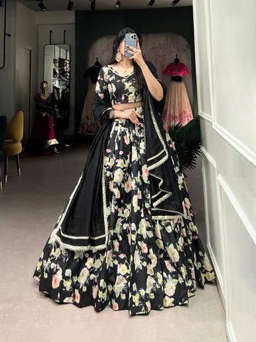 Black Color Floral Printed Tussar Silk Lehenga Choli - women's fashion mart