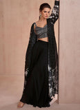Black White Printed Sequins Embroidered Cape Style Top Palazzo Suit - women's fashion mart