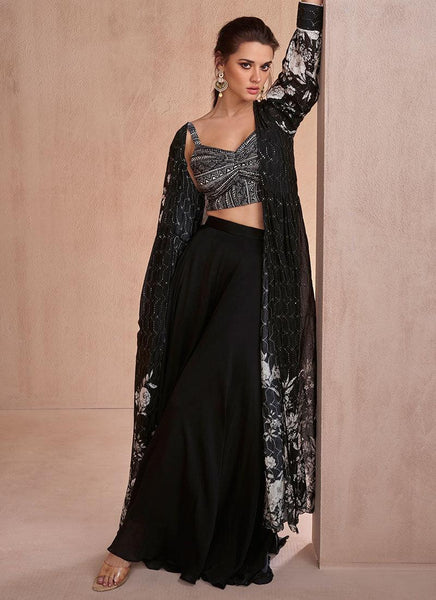 Black White Printed Sequins Embroidered Cape Style Top Palazzo Suit - women's fashion mart