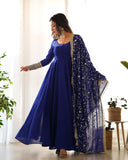 Blue Faux Georgette Anarkali Pant Suit With Sequins Embroidered Dupatta -Salwar Kameez S women's fashion mart