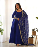 Blue Faux Georgette Anarkali Pant Suit With Sequins Embroidered Dupatta -Salwar Kameez S women's fashion mart