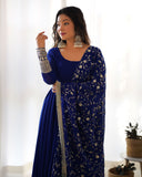 Blue Faux Georgette Anarkali Pant Suit With Sequins Embroidered Dupatta -Salwar Kameez S women's fashion mart