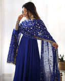 Blue Faux Georgette Anarkali Pant Suit With Sequins Embroidered Dupatta -Salwar Kameez S women's fashion mart