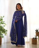 Blue Faux Georgette Anarkali Pant Suit With Sequins Embroidered Dupatta -Salwar Kameez S women's fashion mart
