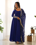 Blue Faux Georgette Anarkali Pant Suit With Sequins Embroidered Dupatta -Salwar Kameez S women's fashion mart