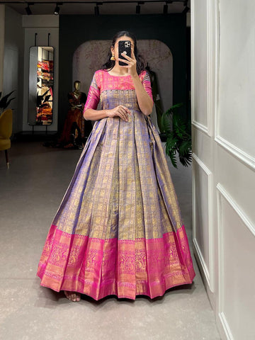 Blue Color Zari Weaving Work Kanjivaram Dress -zari weaving work dress Free Size women's fashion mart