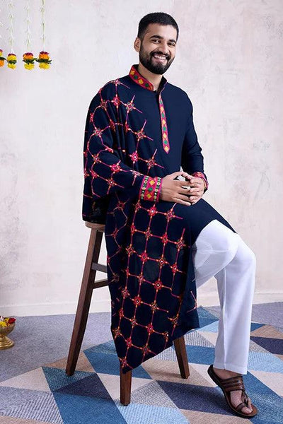 Navratri Collection Blue Men's Kurta with Embroidered Dupatta  women's fashion mart