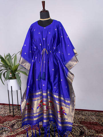 Blue Color Weaving Zari Work Jacquard Paithani Kaftan Dress - women's fashion mart