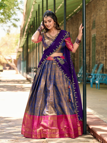 Blue Color Zari Weaving Work Kanjivaram South Indian Lehenga Choli - women's fashion mart