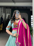 See Green Color Embossed Design Lace Touch Up Rayon Chaniya Choli