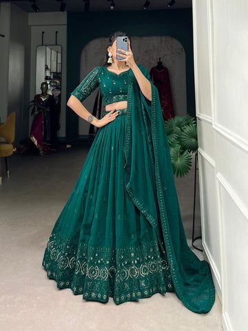 Bottle Green Sequins And Thread Embroidery Work Georgette Lehenga Choli -georgette lehenga choli Unstitched / Semi-Stitched / Semi-Stitched women's fashion mart