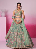 Bridal Net Sequins, Moti, Mirror and Thread Embroidered Semi - Stitched Lehenga - women's fashion mart