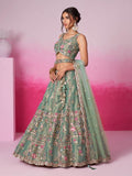 Bridal Net Sequins, Moti, Mirror and Thread Embroidered Semi - Stitched Lehenga - women's fashion mart