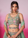Bridal Net Sequins, Moti, Mirror and Thread Embroidered Semi - Stitched Lehenga - women's fashion mart