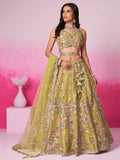 Bridal Net Sequins, Moti, Mirror and Thread Embroidered Semi - Stitched Lehenga - women's fashion mart