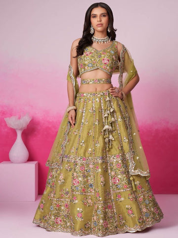 Bridal Net Sequins, Moti, Mirror and Thread Embroidered Semi - Stitched Lehenga - women's fashion mart