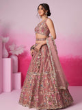 Bridal Net Sequins, Moti, Mirror and Thread Embroidered Semi - Stitched Lehenga - women's fashion mart