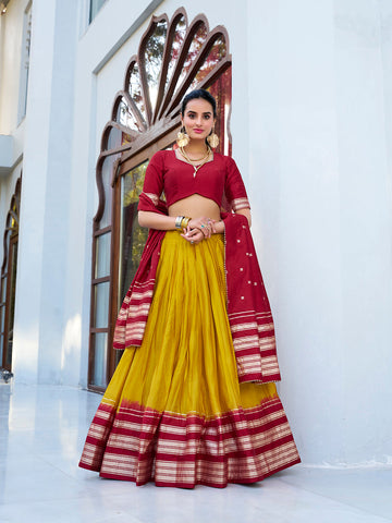 Yellow Color Plain With Zari Weaving Work border Pure Chanderi Lehenga Choli