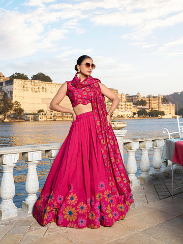 Pink Color Floral Print With Foil Work Tussar Silk Lehenga Choli - women's fashion mart
