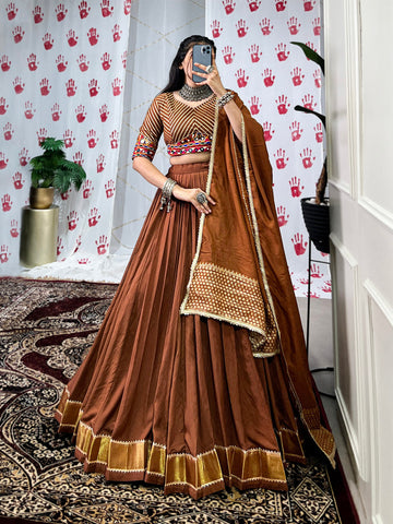 Brown Color Zari Weaving Work With Gotta Patti Lace Border Chanderi Chaniya Choli
