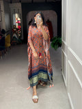 Brown Color Ajrakh Digital Printed Gaji Silk Kaftan - women's fashion mart