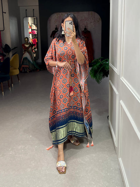 Brown Color Ajrakh Digital Printed Gaji Silk Kaftan - women's fashion mart