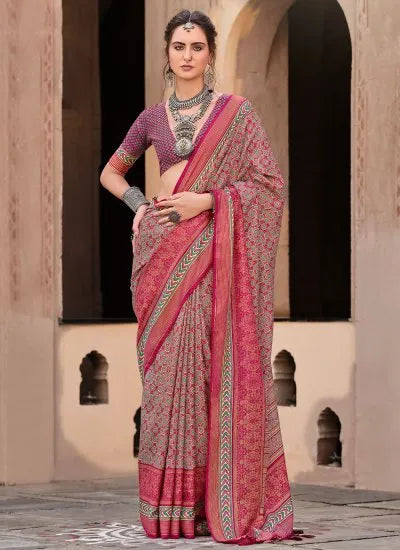 Pleasing Rust Red Ajrakh Printed Sigma Silk Traditional Saree - women's fashion mart
