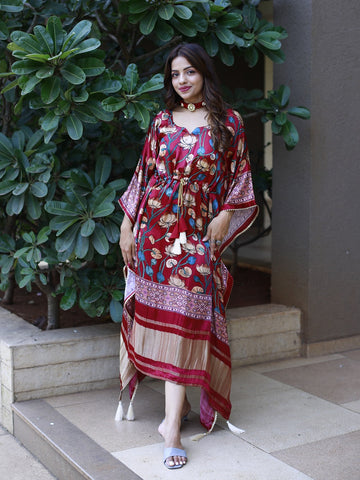 Maroon Color Digital Printed Pure Gaji Silk Kaftan - women's fashion mart