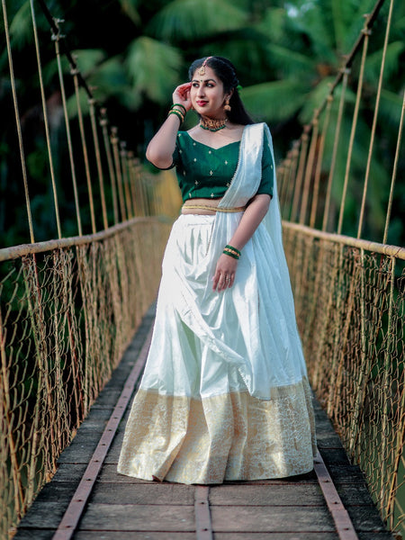 White Color Zari Weaving Work Nylon Silk Half Saree Lehenga Set