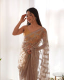 Tortilla brown colour sequence embroidery work net saree -Net Saree Brown women's fashion mart