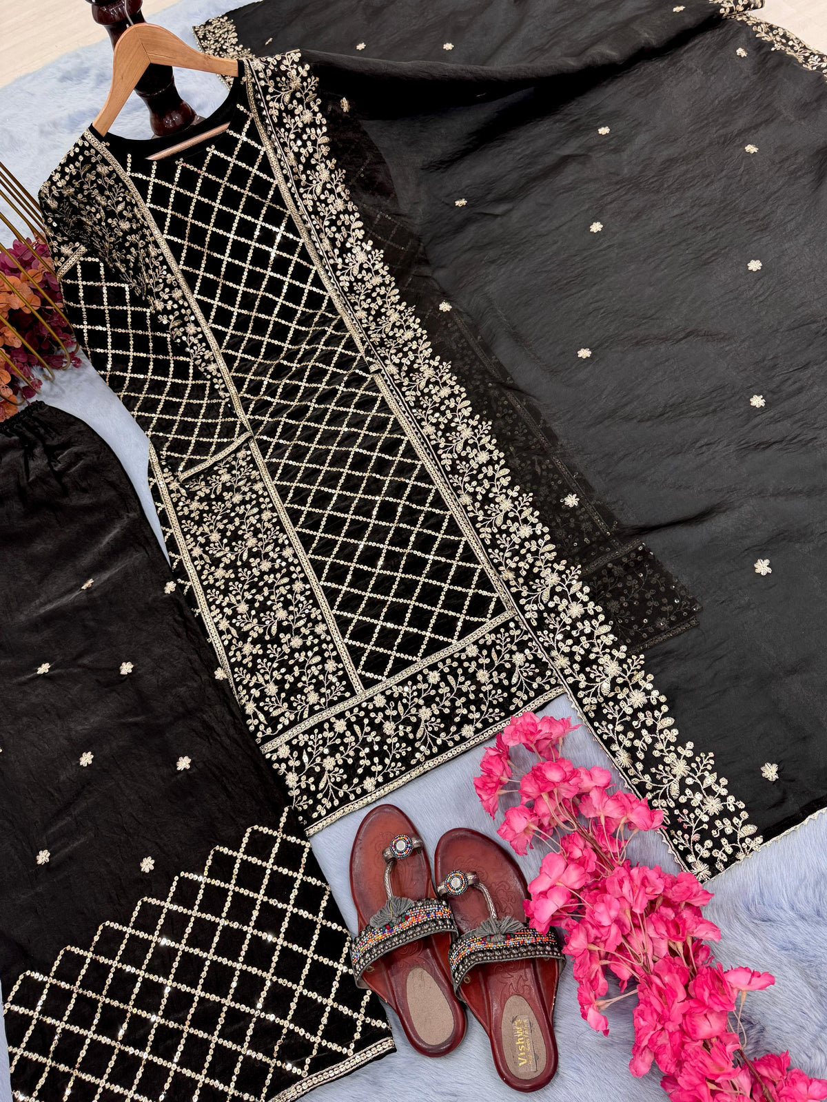 Admiring Embroidery Work Black Color Palazzo Suit
