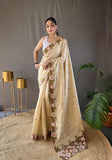 Beautiful Cearm Embroidery Butti With Cut Work Silk Saree