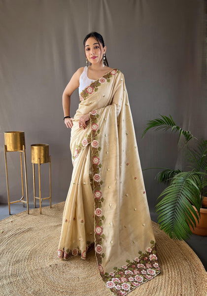 Beautiful Cearm Embroidery Butti With Cut Work Silk Saree