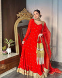 Red colour embroidery work party wear suit -Designer Suit M / Red women's fashion mart