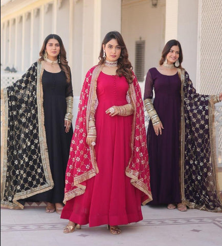 Charming Faux Georgette Sequins Embroidered Gown With Dupatta - women's fashion mart
